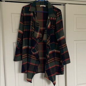 Peach Love California Plaid Open Front Cardigan in Green, Red, Brown